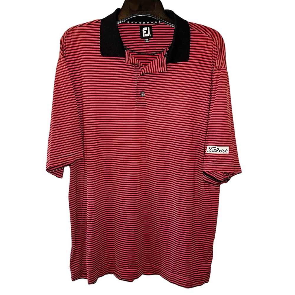 FootJoy FJ Titleist Tour Logo Golf Polo Red Black Stripes Size XL Moisture Wick - Picture 2 of 8
